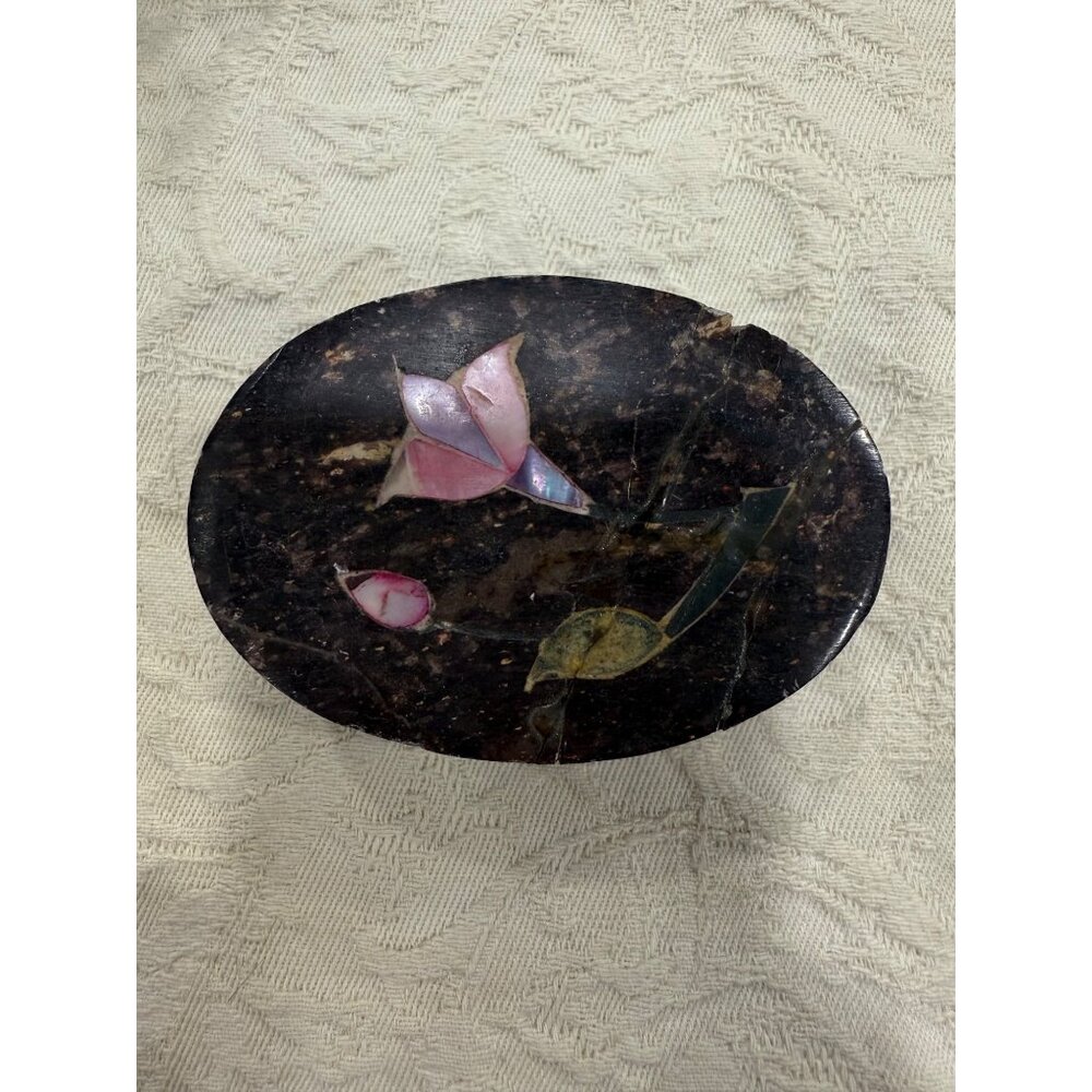 Handcrafted Dark Stone Jewelry Trinket Box With Inlaid Floral Design Mini